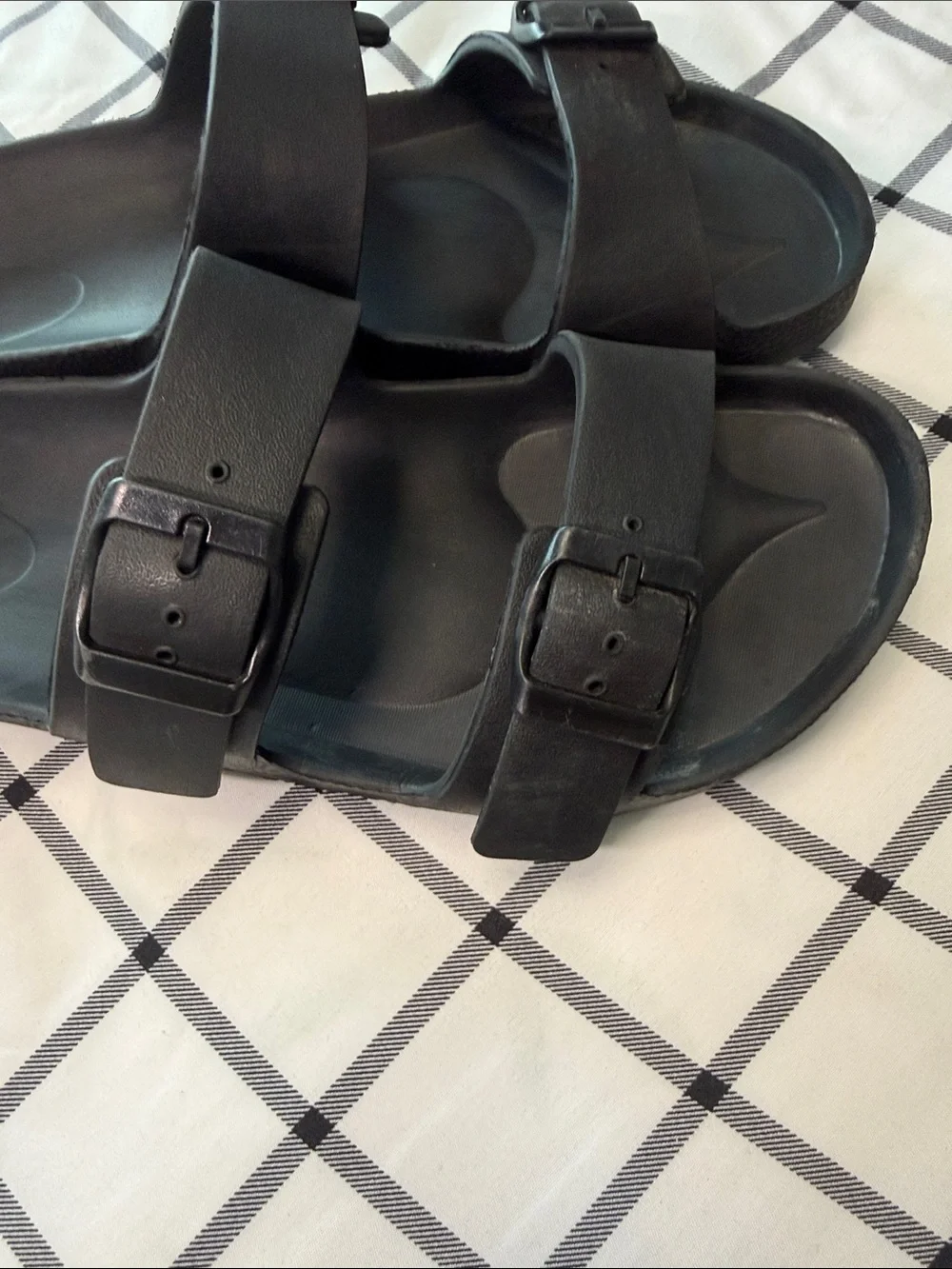Women's Double-Strap Black Slide Sandals with Adjustable Buckles